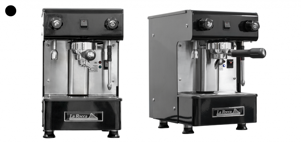 Detalle de la máquina profesional de café espresso Alin de La Rocca en color negro.