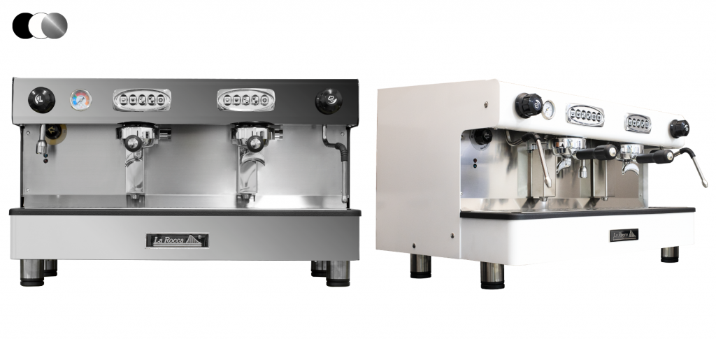 Máquina de café profesional Java Pro II de dos grupos de color blanco, gris y negro de La Rocca.