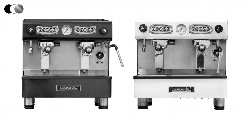 Máquina de café profesional Java Compact de dos grupos y tamaño compacto de color blanco y negro de La Rocca.