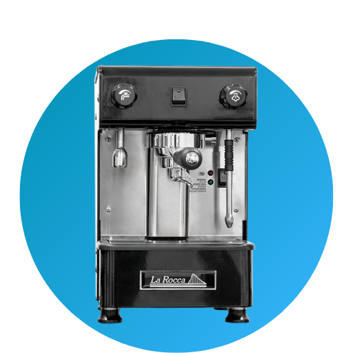Detalle de frente de la máquina profesional de café espresso Alin de La Rocca encima de un círculo azul en color negro.