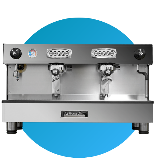 Detalle de la Máquina de café profesional Java Pro encima de un círculo azul de dos grupos de color negro de La Rocca.