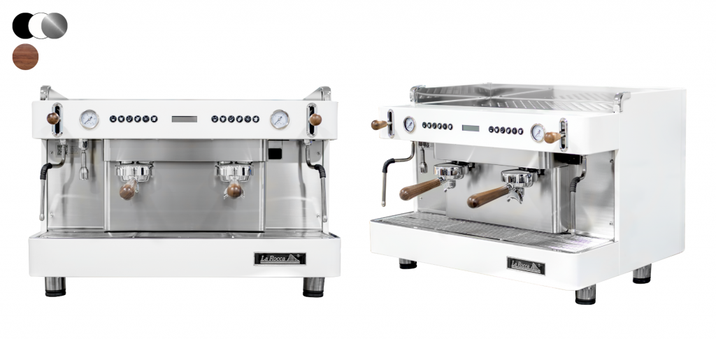 Máquina de café profesional de dos grupos en color blanco y con acabados en madera. La Rocca Chile.