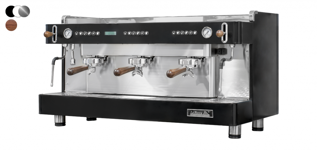 Máquina de café profesional de tres grupos de La Rocca. Disponible en color blanco, negro y en acero inoxidable. Máquina de café profesional en Chile.