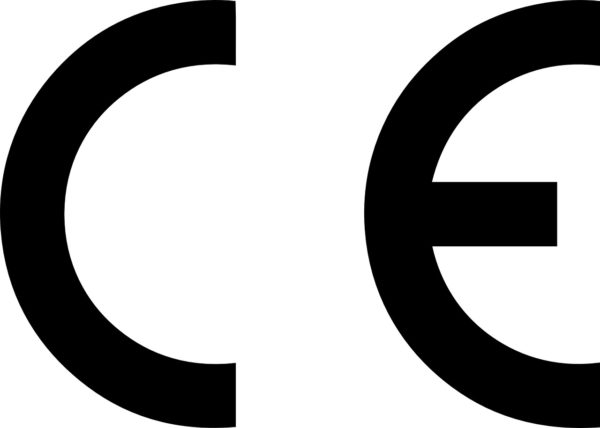 Detalle del logo del certificado CE en blanco y negro